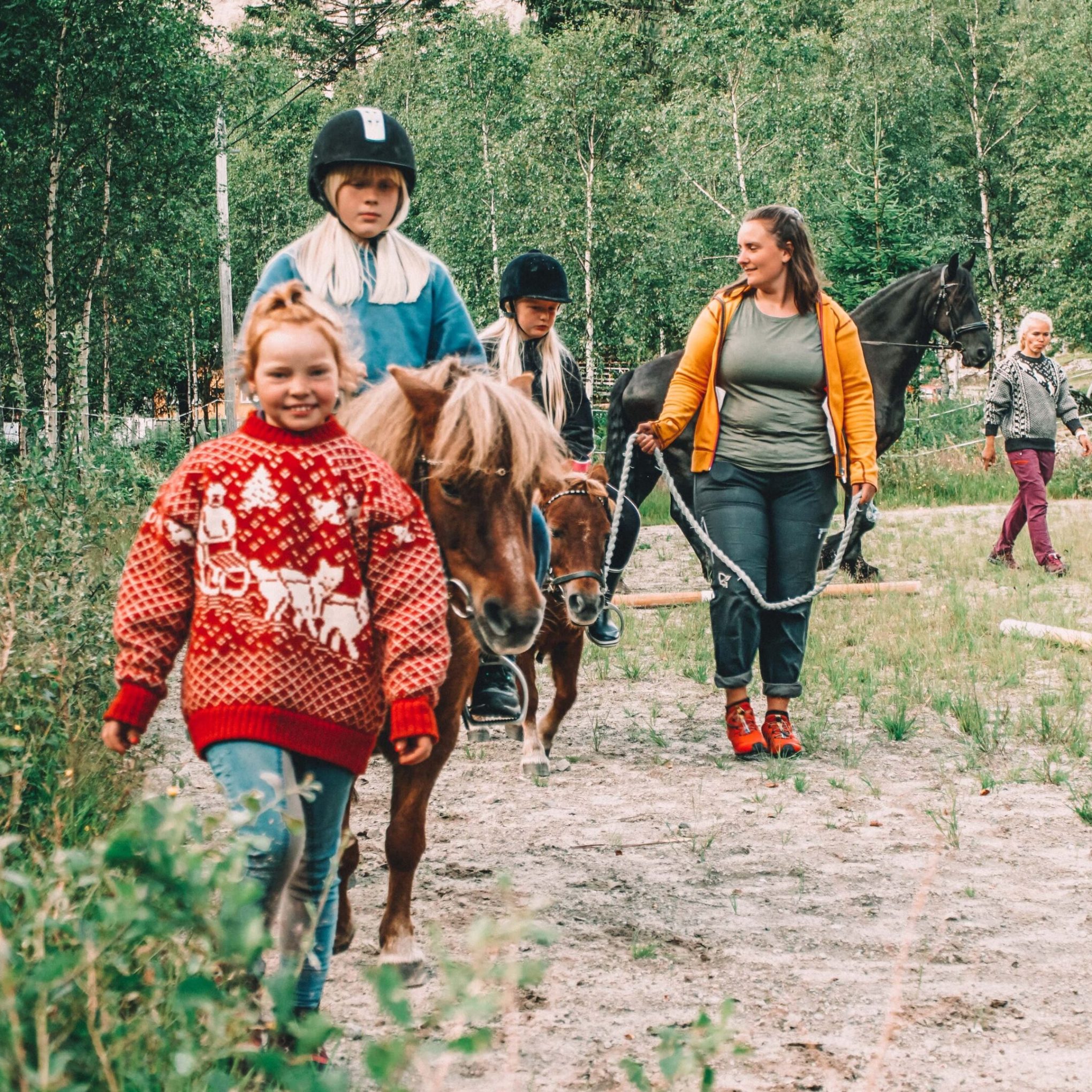 a group of people in a forest